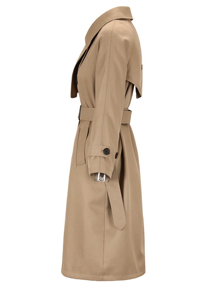 Женский Длинный Тренч с поясом EAM свободная Ветровка цвета хаки отложным