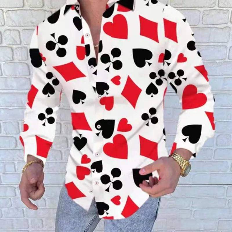 

New Poker print men's long sleeved shirt men casual shirt Hawaii shirt man Cardigan autumn shirt M-3XL Male Tops various colors