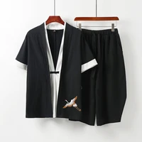 summer mens cotton and linen short sleeved shirt two piece pants plus sized plus size fat man loose leisure sports suit