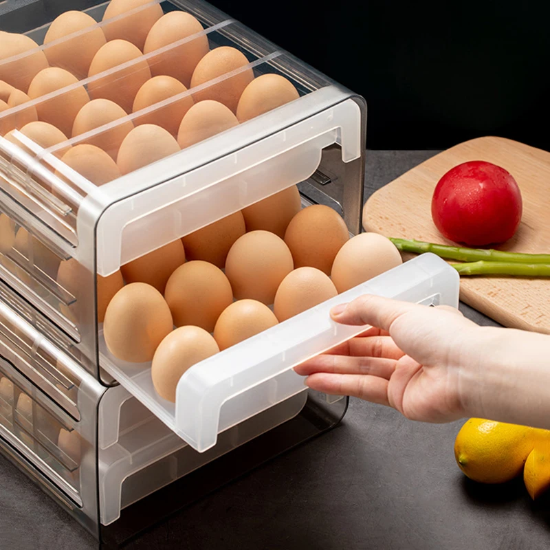 

Refrigerator Drawer Egg Storage Box Holder Organizer Kitchen Rectangular Double Type Plastic Clear Eggs Rack Container Dispenser