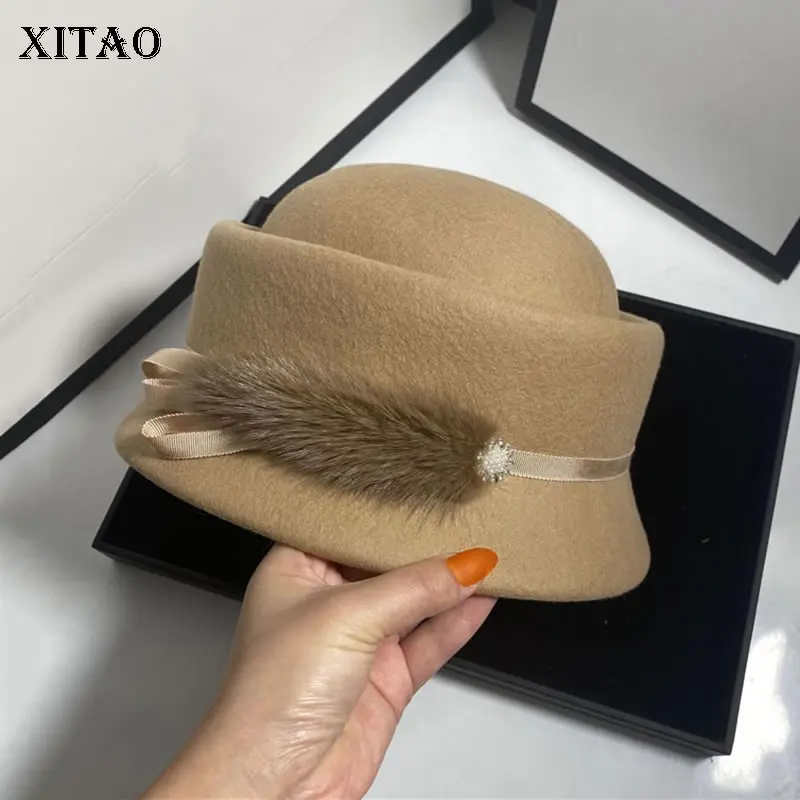 

XITAO French Fashion Fedoras Temperament Vintage Splicing Furry Beads Solid Color Octagonal Hat All-match Decorate GWJ2520