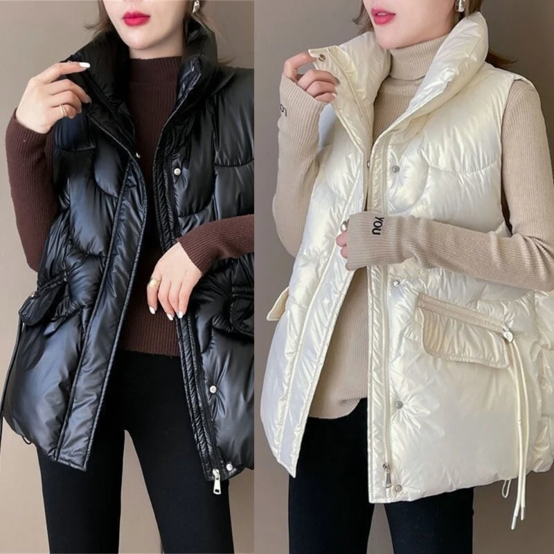 

Women's Winter Warm Vest Shiny Stand Collar Puffer Vest Loose Zip Padded Gilet