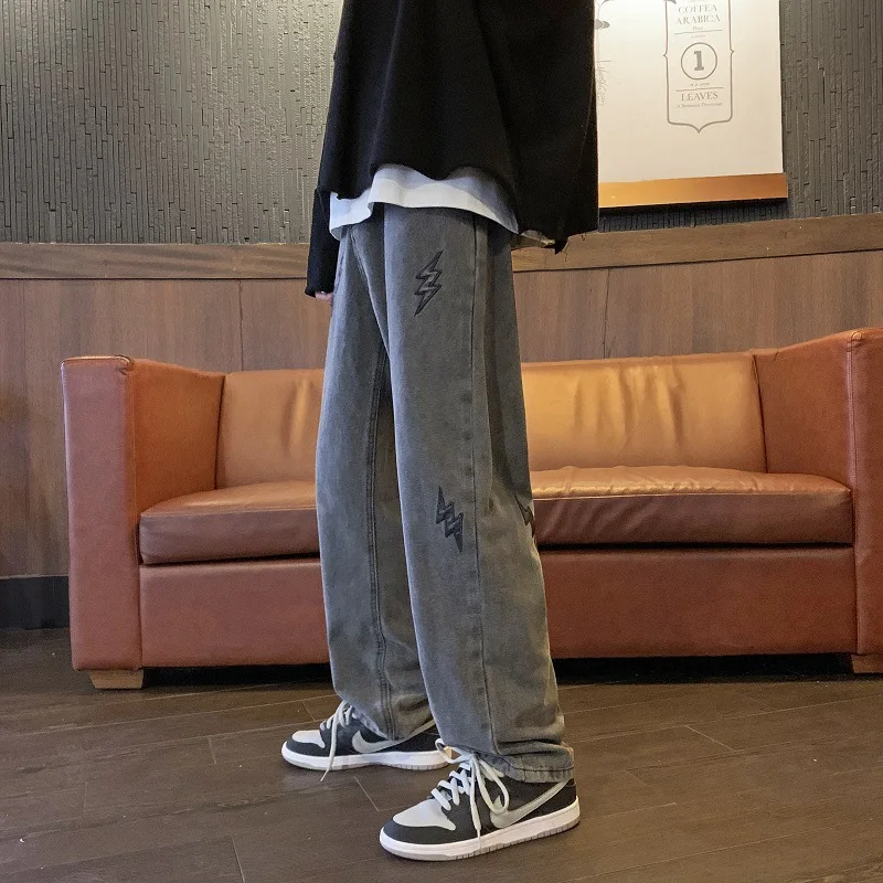 Four Seasons Men Jeans High Street Retro Embroidery Fashion Straight Loose Fashion Streetwear Brand Trousers Ins Hot Sale JEANS