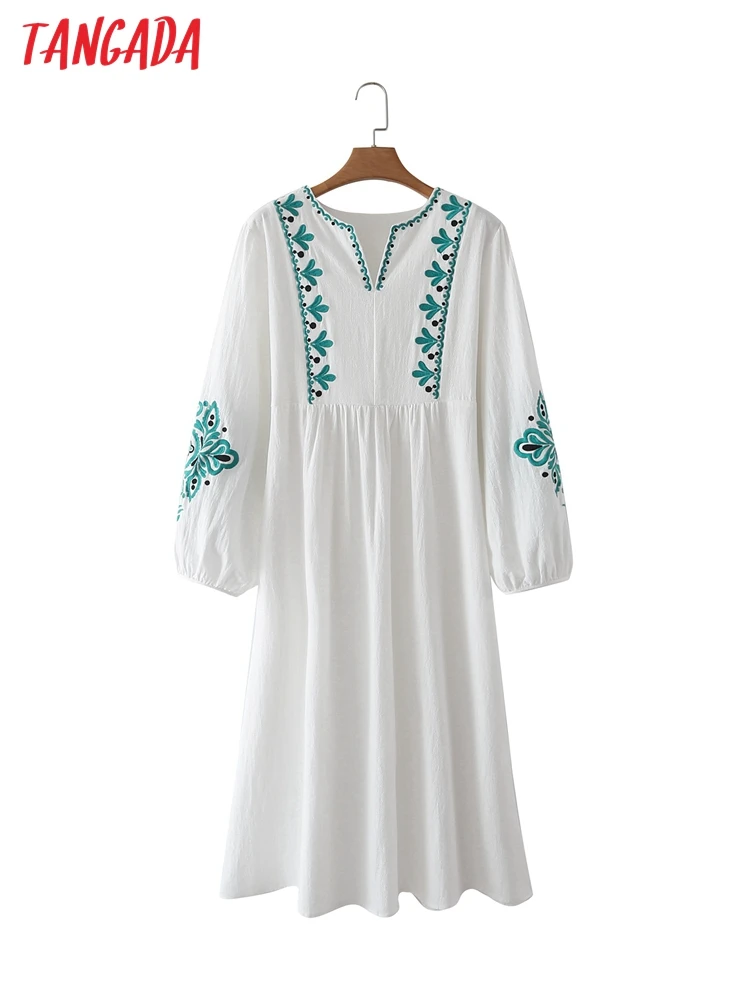 

Tangada women cotton embroidery romantic dress long sleeve v neck females midi dresses vestidos 4T02