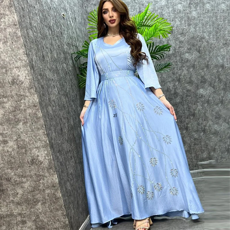 Gulf Abayas For Women Turkey Elegant Long Sleeve Dress Muslim Fashion Diamond Party Dresses Belted Kaftan Dubai Ramadan