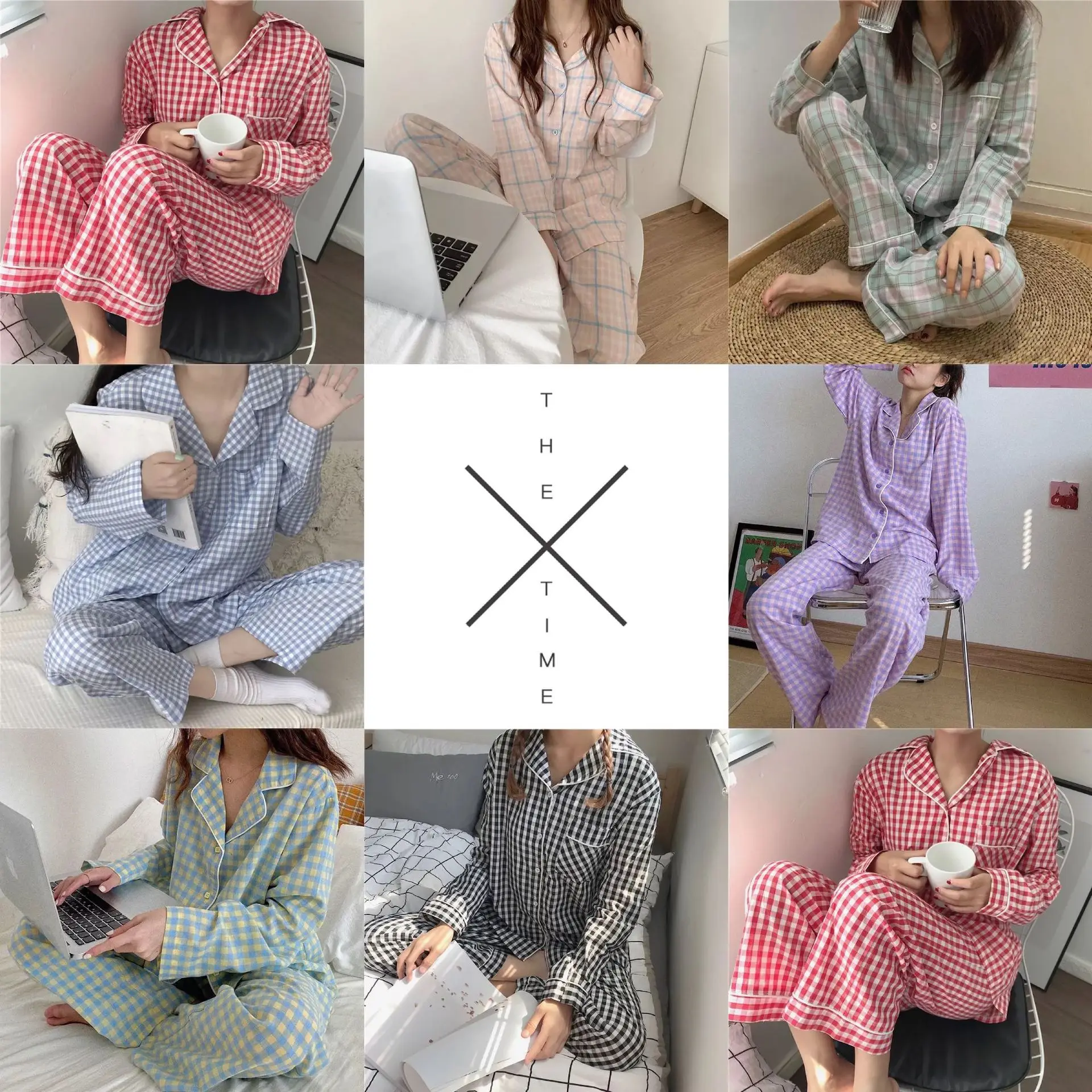 Spring and Summer Ladies Pajamas Plaid Cardigan Lapel Two-piece Suit Can Be Worn Outside Casual Loose Cute Girls Home Service