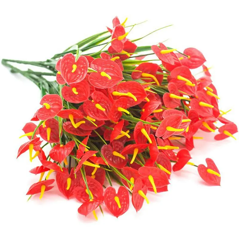 4 ветви искусственных фейковых цветов из пластика с имитацией антуриума, зеленый кустарник для оформления помещения и уличных висячих горшков в домашнем декоре.