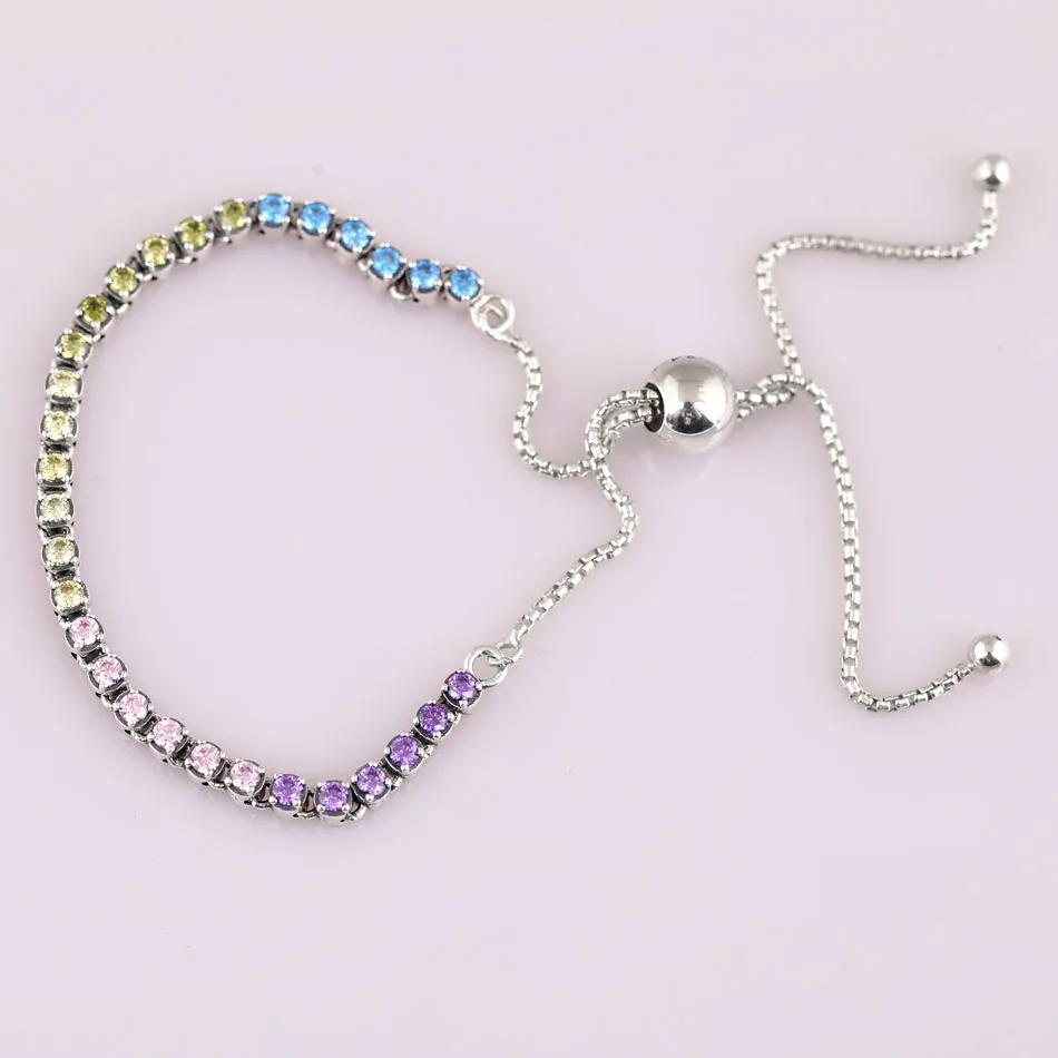

Authentic 925 Sterling Silver Rainbow Tennis Sparkling Strand Adjust pan Bracelet Bangle Fit Bead Charm Diy Jewelry