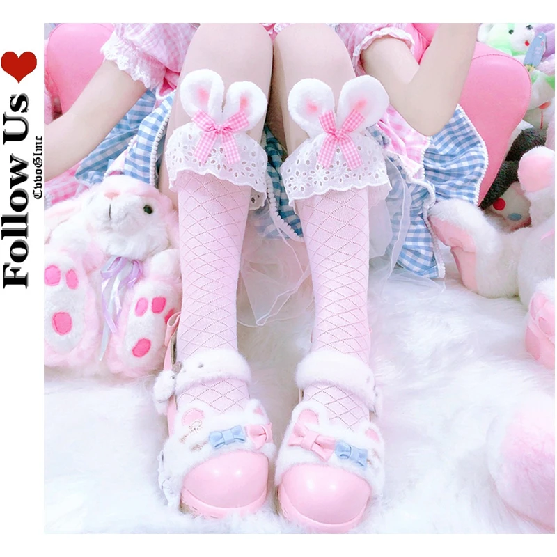 Лолита Kawaii с заячьими ушками носки женские утепленные сапоги лоли бантом в виде