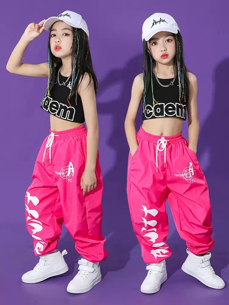 

Детский костюм для джазовых танцев, летняя одежда для девочек, черный жилет, розовые брюки, свободный костюм в стиле хип-хоп для тренировок и представлений, одежда для праздника L10342