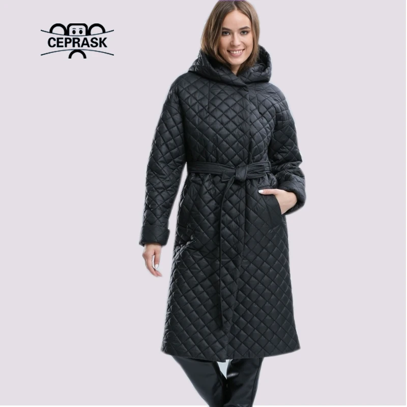 

2022 CEPRASK Women's Jacket Spring Autumn Long Hoodie Quilted Coat Belt Loose Luxury Parka Oversize Clothing Warm Outerwear