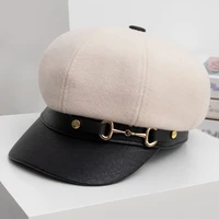 women pu buckle beret hat spring street vintage wool felt peaked cap outdoor berets caps girls brim hats octagonal newsboy hat