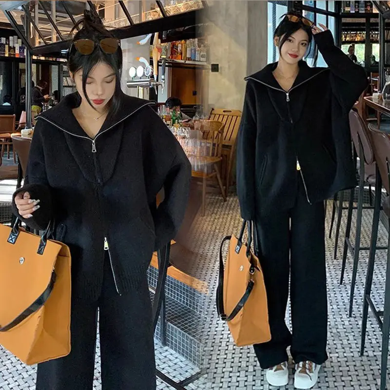 Кофейный ленивый ветровой карман на молнии вязаный костюм женский 2024 осень и