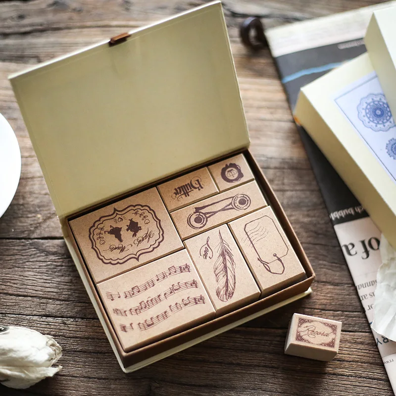 6box Vintage Plant Leaf Label DIY Wooden Rubber Stamps For Scrapbooking Stationery Scrapbooking DIY Standard Stamp Accessories
