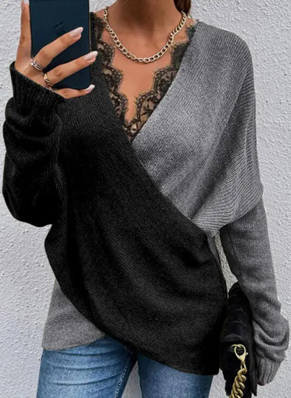 

Knitted temperament commuting color matching V-neck loose fitting women's knitted top