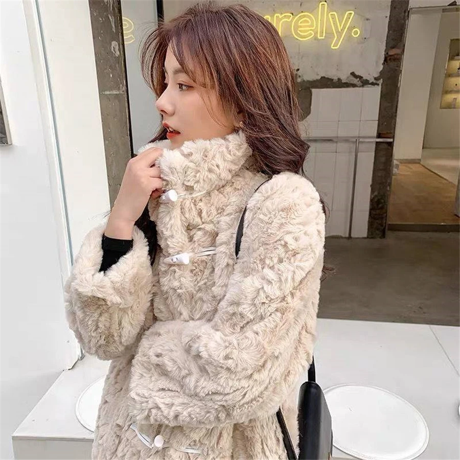 Winter Imitation Lambwool Mink Rabbit Fur Jacket Women Plush Warm Thick Coat Horn Button Furry Soft Outwear Top Sobretudo Casaco