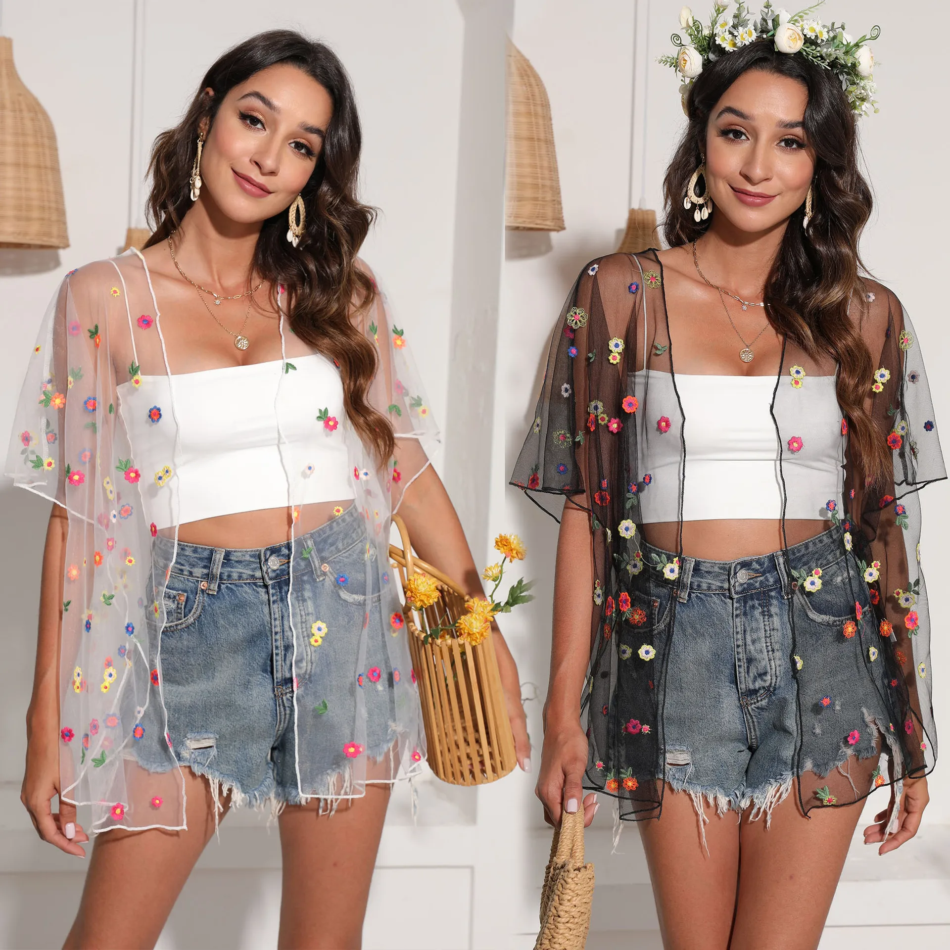 

Women's Sexy Perspective Bikini Blouse Fashion Mesh Flower Embroidered Sunscreen Cardigan