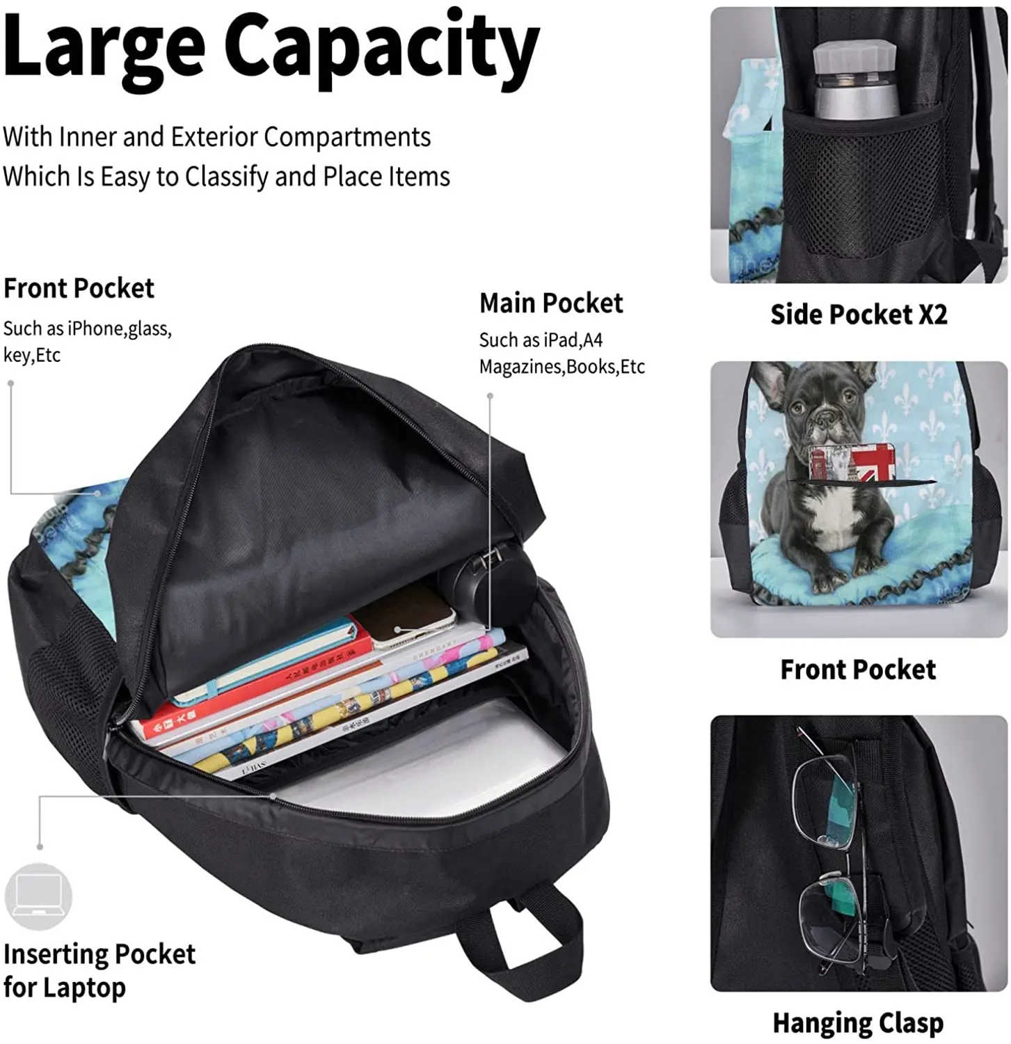 French Bulldogs Girl Schoolbag Travel Bag Casual Daypack Lunch Bag Pencil Case for Boys Teens Girls 3pcs Sets