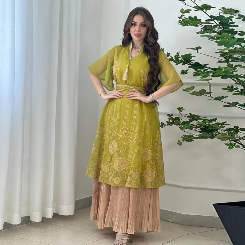 2023 Spring Summer Muslim Women V-neck Polyester Blue Dark Blue Dark Green Long Pleated Abaya Muslim Fashion Dress Abaya Dress