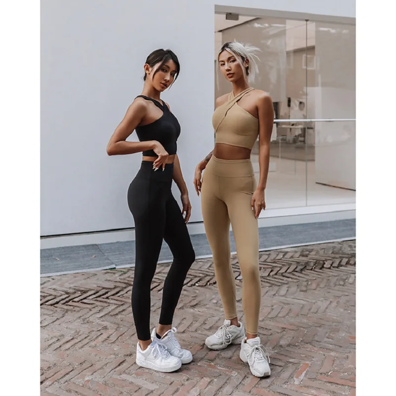 Women's 2-piece Sports Suit With Logo Two Piece Yoga Set Fitness Running Yoga Suit Seamless Leggings Front Cross Sexy Bra