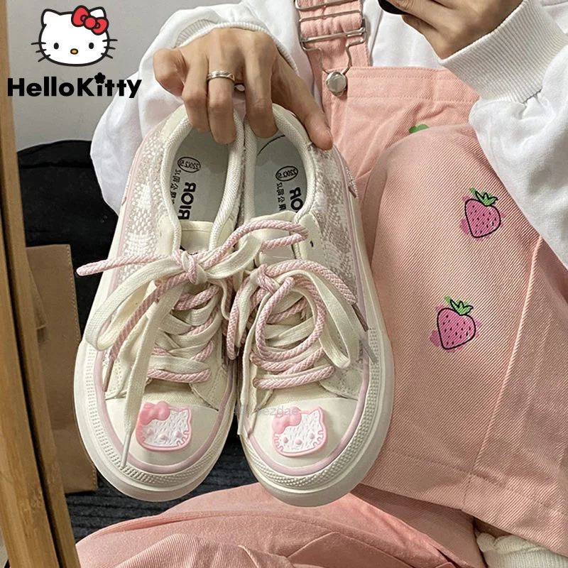 Sanrio Hello Kitty Sneaker Y2k Girl Casual Trendy Shoes Women Kawaii Canvas Flat Shoes New Cartoon Cute Board Shoes Students