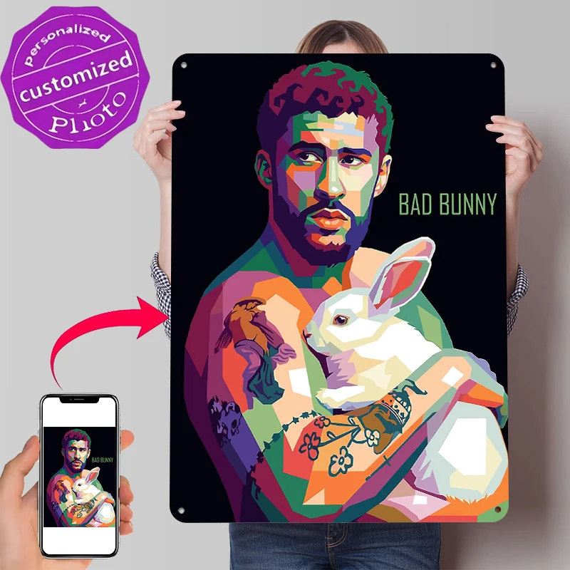 Фото Металлический постер Bad Bunny с кроликом в стиле поп-арт, индивидуальный настенный декор, ретро-винтажные металлические таблички для мужской комнаты, украшения для стен, декор для интерьера №1