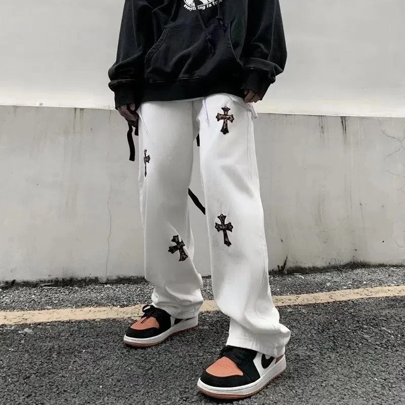 Streetwear Korean Fashion Clothes Cross Applique Jeans Men'S  High Waist Y2k Straight Baggy Pants Casual Denim Trousers Unisex