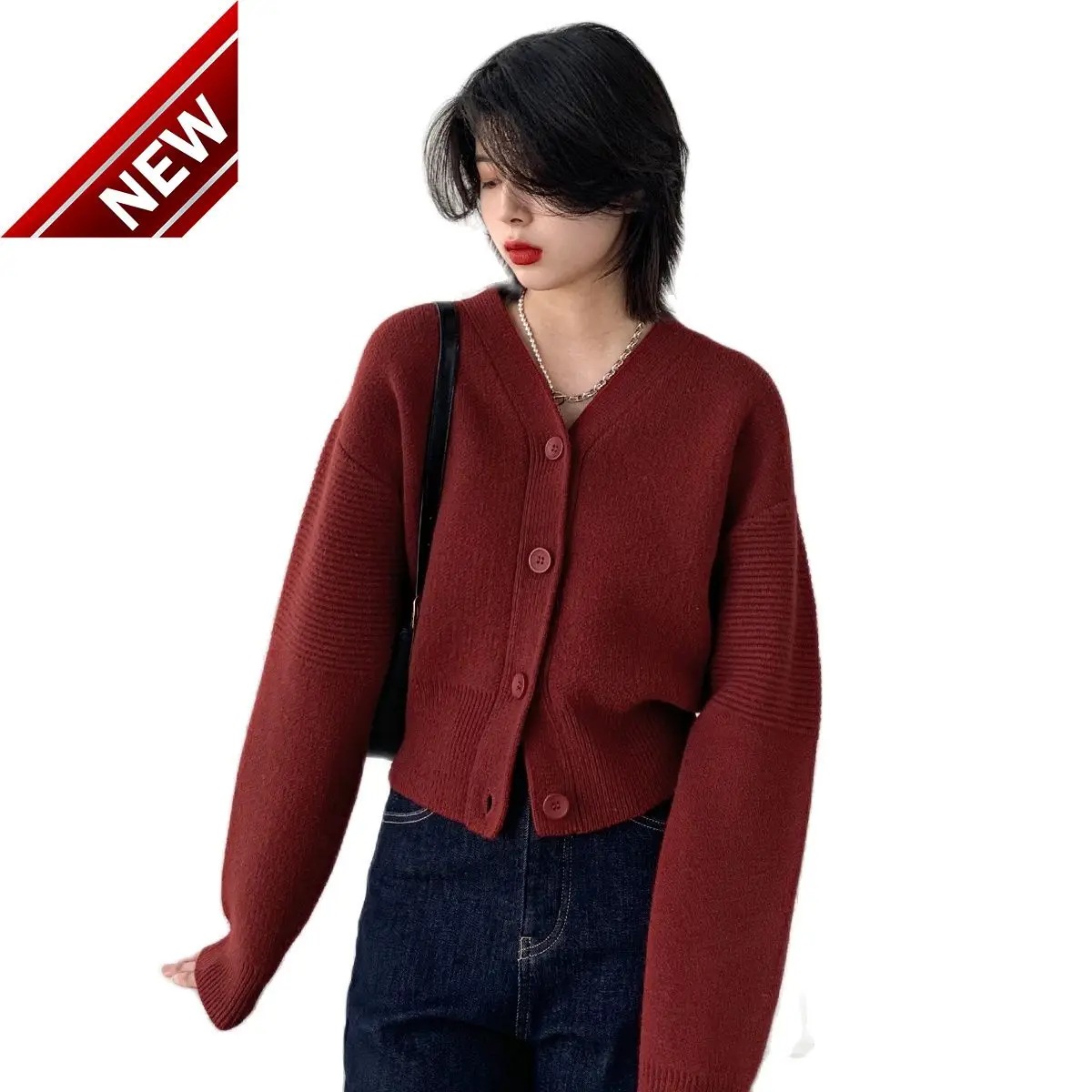 

Women's Korean Sweater Fashion Wine Red Contracted Short V Collar Long Sleeve Wool Cardigan for Women Top Autumn Winter