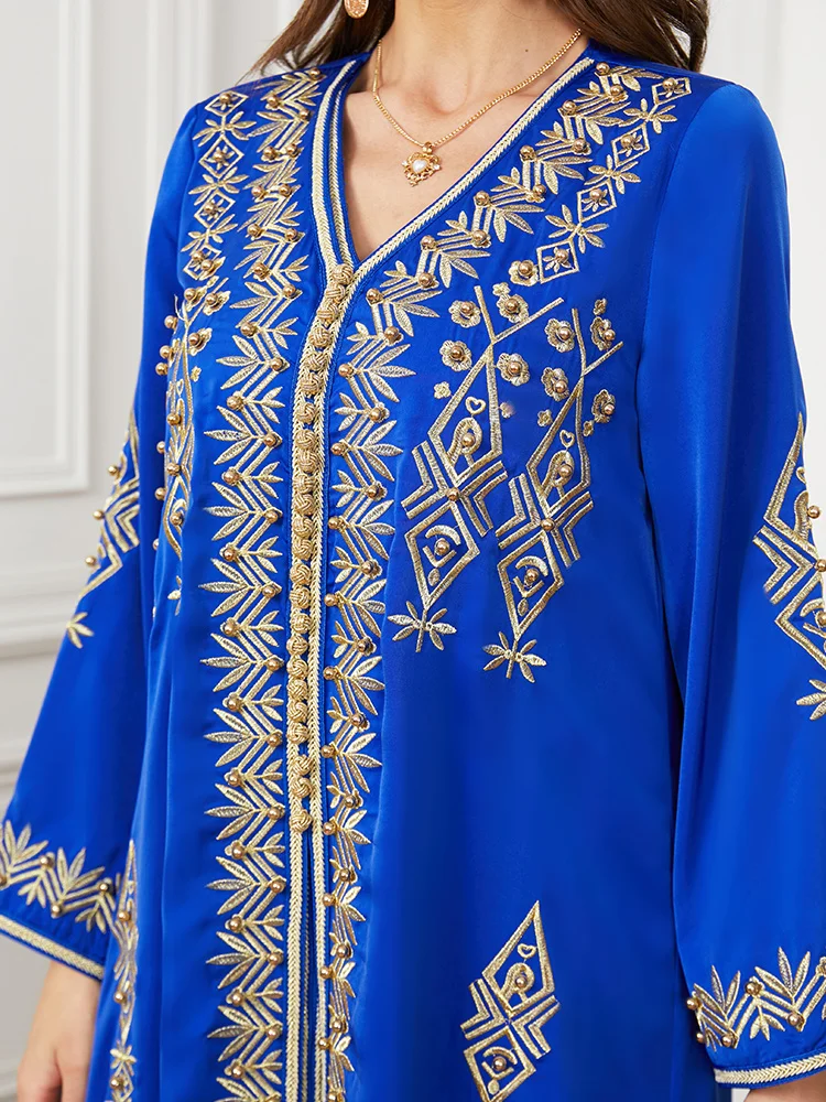 Blue Morocco Kaftan Dubai Turkey Evening Long Dress for Wedding Party Ramadan Muslin 2 Pieces Set with Belt Sunday Pentecost
