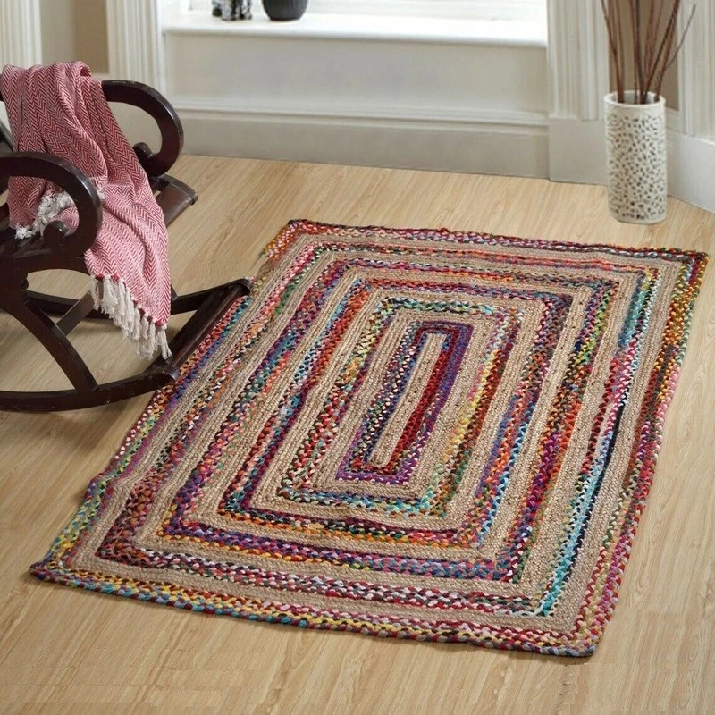 Natural Jute Cotton Mixed Weaving Reversible Handmade Living Room Decoration Rug Modern Living Area Carpet Rag Rug