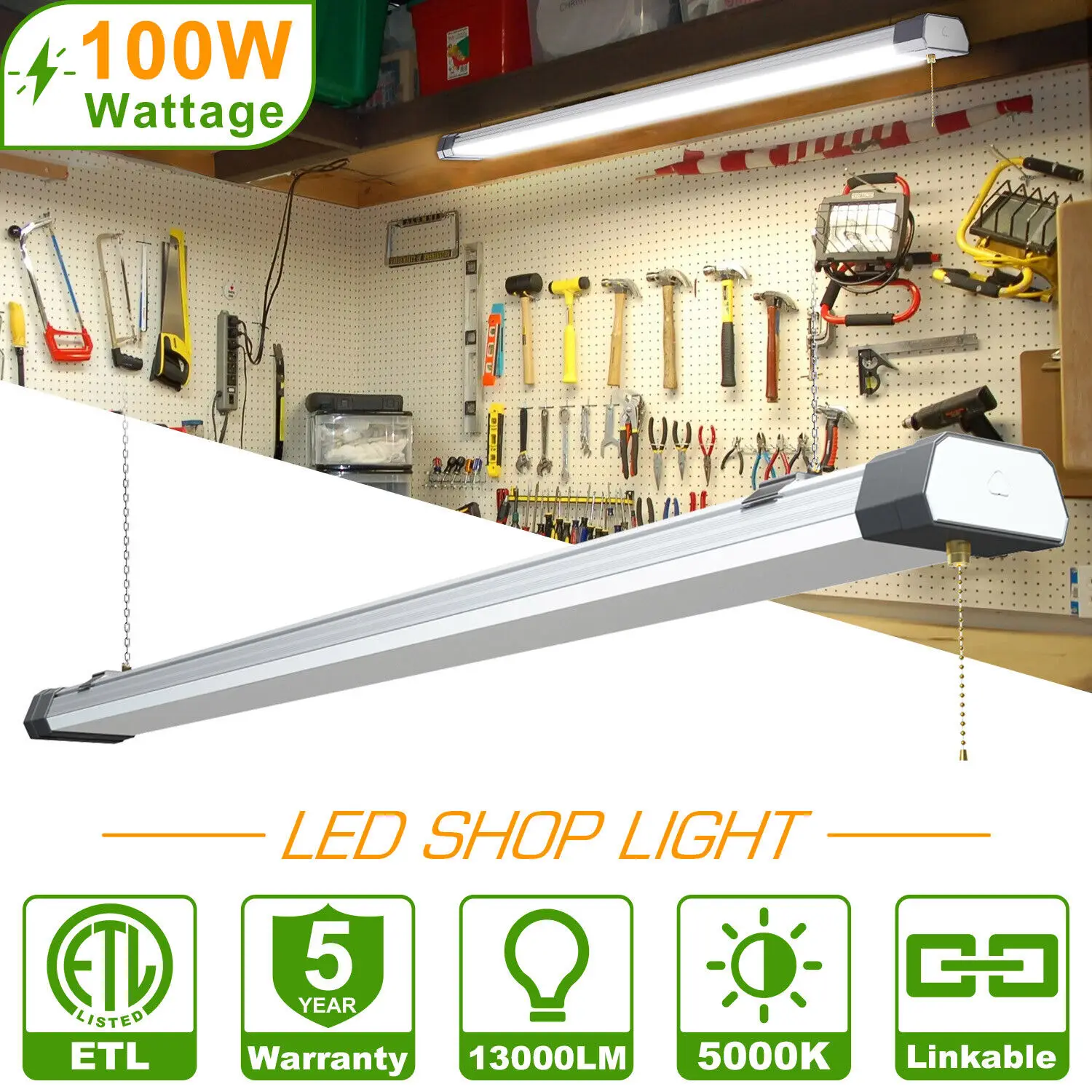 Linkable LED Shop Light ETL Listed 100W 12,000 LM 5000K Utility LED Ceiling Lights for Garage, 3.6FT Plug in Integrated Fixture