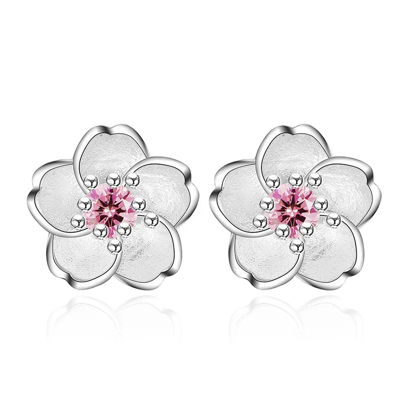 

Cherry Flower Blossoms Flower Crystal Stud Earrings Silver Color Ear Studs Women's Fine Jewelry Mother's day Birthday Gift