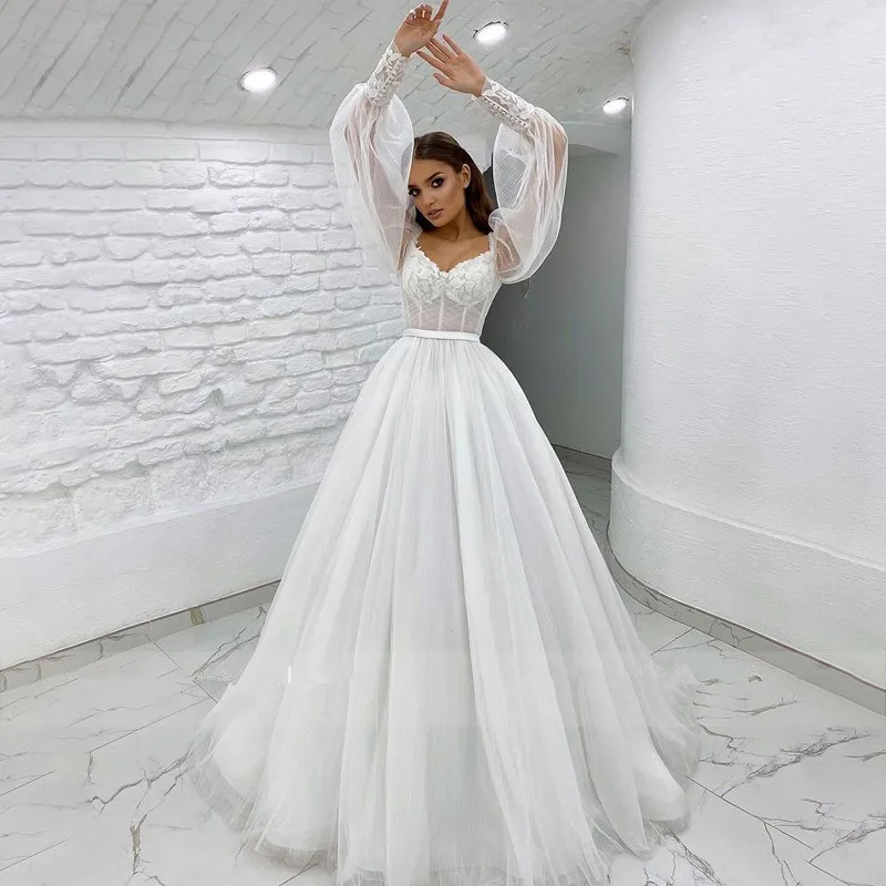

2024 V-Neck Wedding Dress Elegant Appliques See Through Bodice Sash Long Sleeve A-Line Tulle Bridal Gowns Vestido De Noiva
