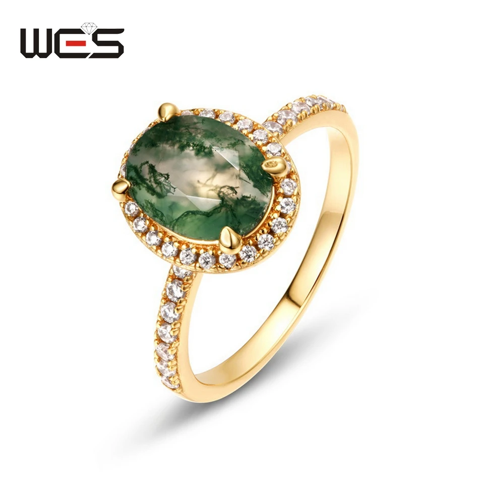 

WES 925 Sterling Silver Natural 7*9mm Moss Agate Gemstone Rings For Woman Gold Plated Party Wedding Engagement Gift Jewelry