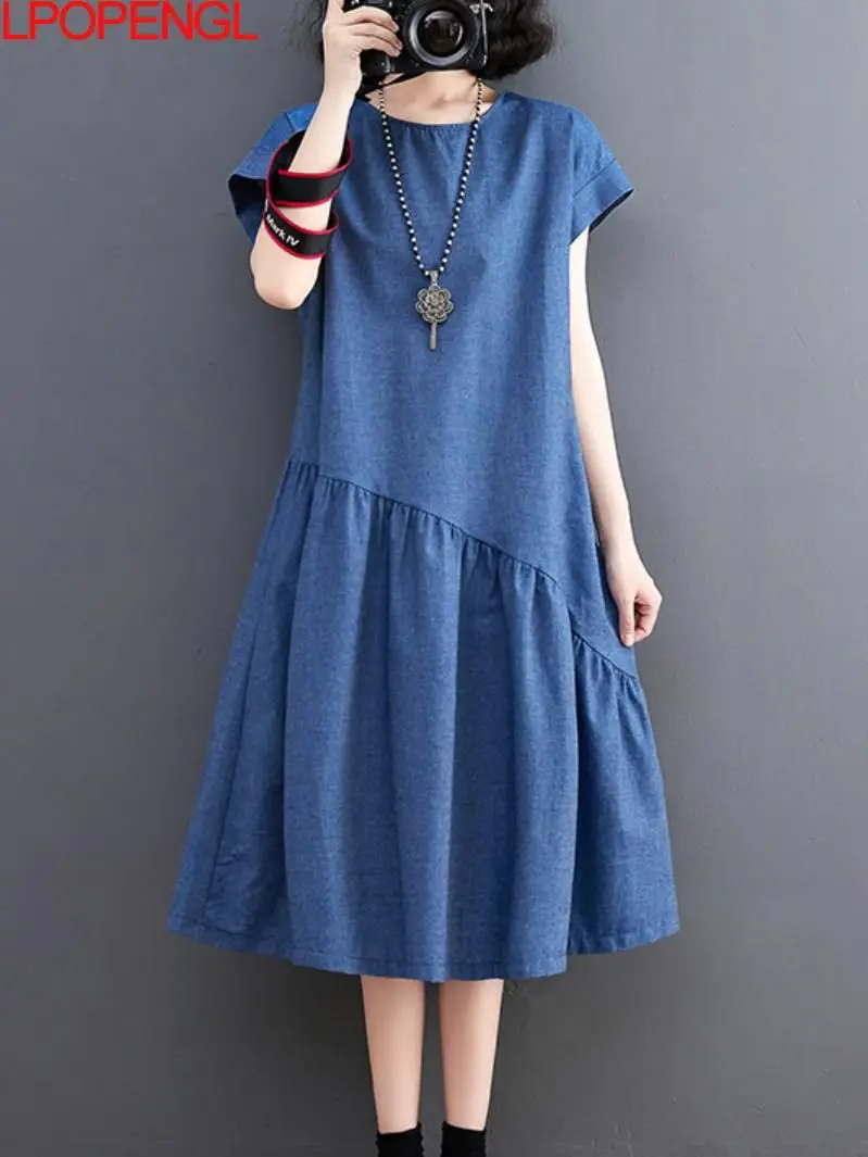 

Женское джинсовое платье с оборками, однотонное Свободное платье с круглым вырезом и коротким рукавом, весна-лето 2023