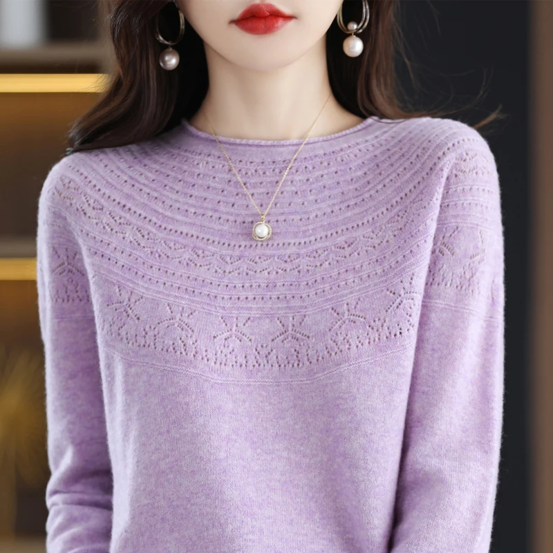 

First-line ready-to-wear 100% pure wool sweater women's openwork knit pullover autumn and winter hemmed O-neck top