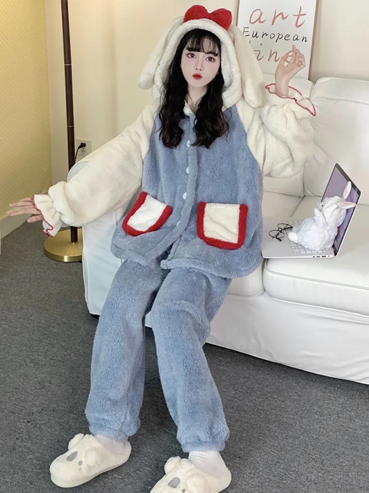 KIMOKOKM Sweet Princess Style Tracksuit Kawaii Bow Hooded Soft Full Sleeve Top Coral Fleece Pajamas Home Girly Two-Piece Suit