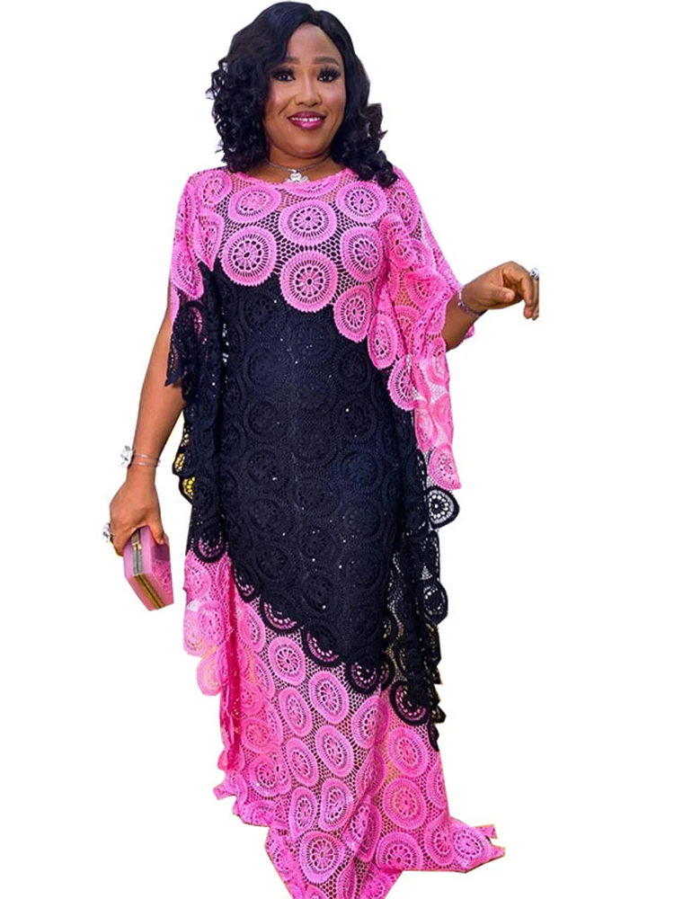 

African Lace Dresses For Women In Clothing Batwing Sleeve Boubou Africa Clothing Fashion New Patchwork Hollow Long African Dress