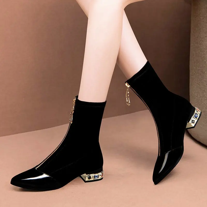 

Women Rubber Boots Zipper Booties Ladies Boots-women Crystal Ankle Pointy Shoes 2022 Stockings Autumn Rhinestone winter boots