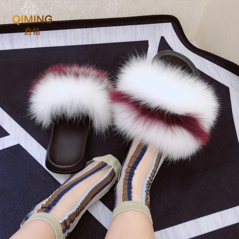 Summer Real Fur Slippers Women Fur Slides Woman Flip Flops Sandals Ladies Cute Fuzzy Fluffy Plush Fox Furry Slippers House Shoes