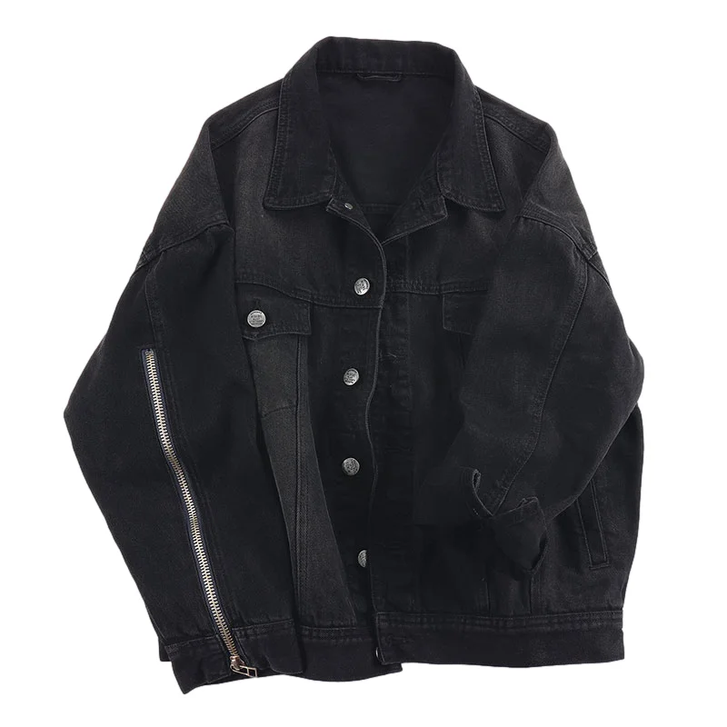 

Fashion Black Denim Jacket Coat Women Korean Style Loose Casual Short Cowboy Outerwear Zipper Sleeve Pocket Jeans Jackets Female