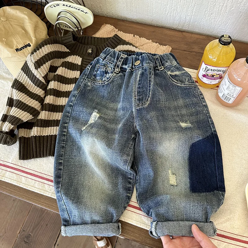 

Boys' Jeans Spring and Autumn Trendy Handsome Children's Pants 2023 New Baby Autumn Clothing Outer Wear Ripped Trousers