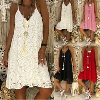 womens summer solid color sleeveless v neck sling lace loose dress