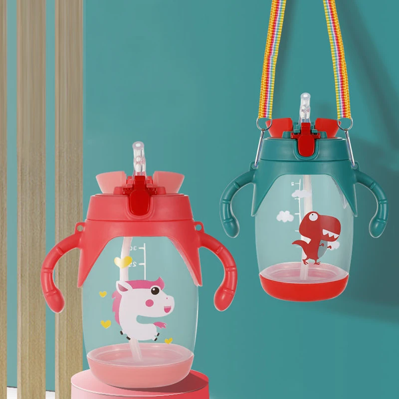Baby Sippy Cup Cute Cartoon Printing Lanyard Water Bottle Kids Anti-scalding Straw Bottle with Handle Baby Portable Milk Bottle
