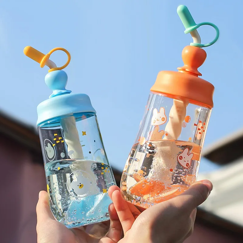 

New Creative Straw Mixing Cup Cartoon Stirring Water Cup Anti-fall Multi-functional Cute Plastic Juice Dust-proof Water Bottle