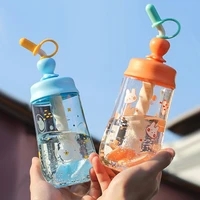 new creative straw mixing cup cartoon stirring water cup anti fall multi functional cute plastic juice dust proof water bottle
