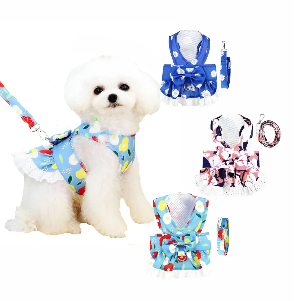 

Breathable Dog Harness and Leash Set Floral Bowknot Cat Clothes For Small and Medium Dog Vest Leashes Pet Accessoires