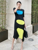 women miyake pleated dress color block pattern o neck short sleeve elegant midi dresses casual style 2022 summer fashion dress