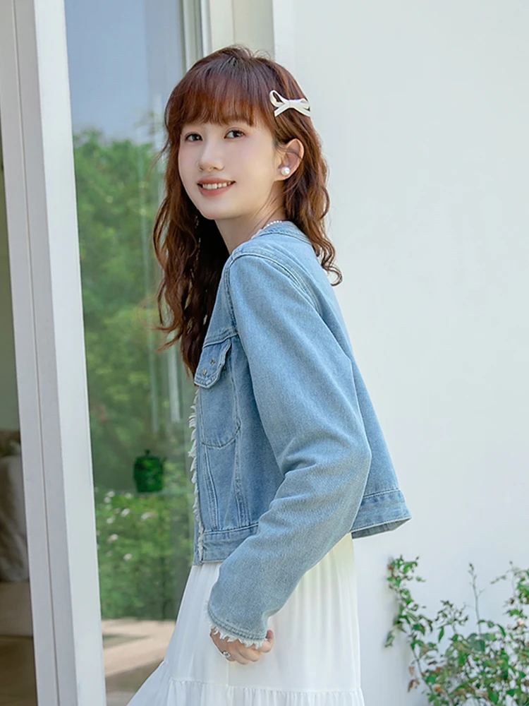 La Chabell Puella Short Denim coat Women Autumn Burr Design Sense Hong Kong Sle Vintage top