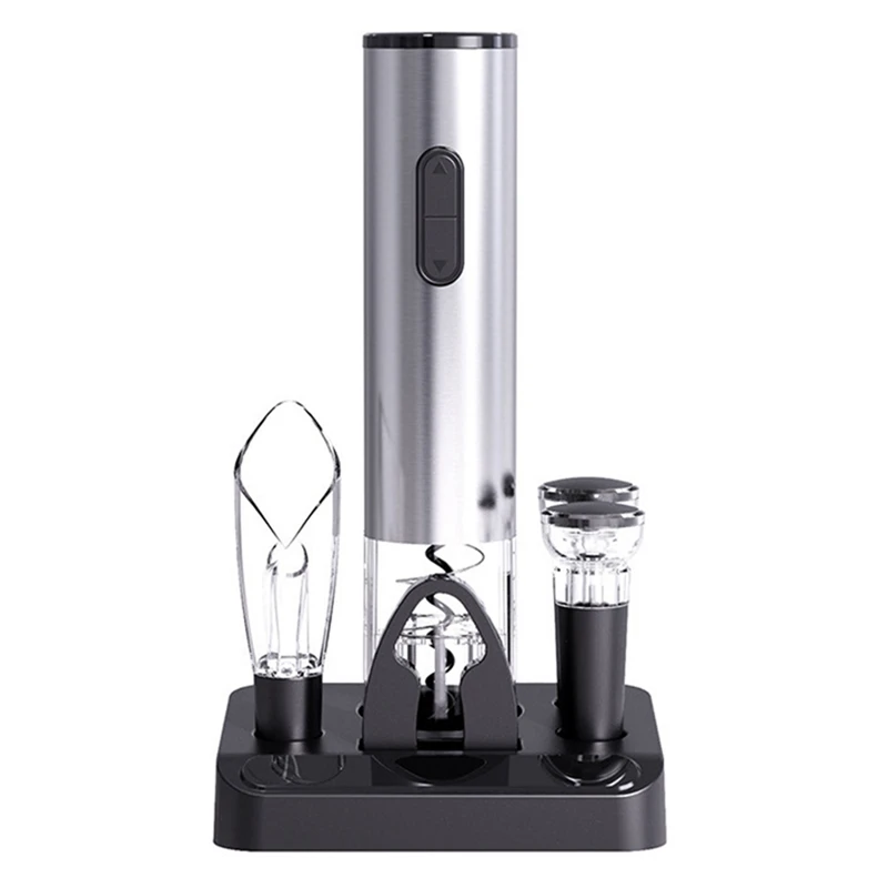 

Automatic Electric Wine Bottle Opener Kit With Wine Pourer Base Vacuum Wine Stoppers And Foil Cutter Battery Operated